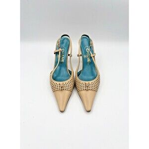 Chanel Beige Leather Perforated Slingback Heels w/ CC Charm Accent EU 35.5